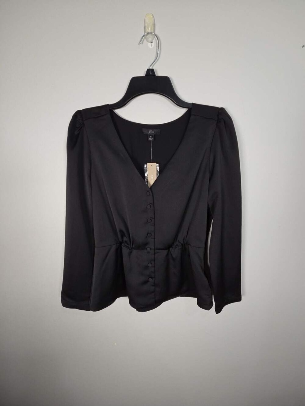 Women's Black V-Neck Button Front Blouse with Gathered Waist